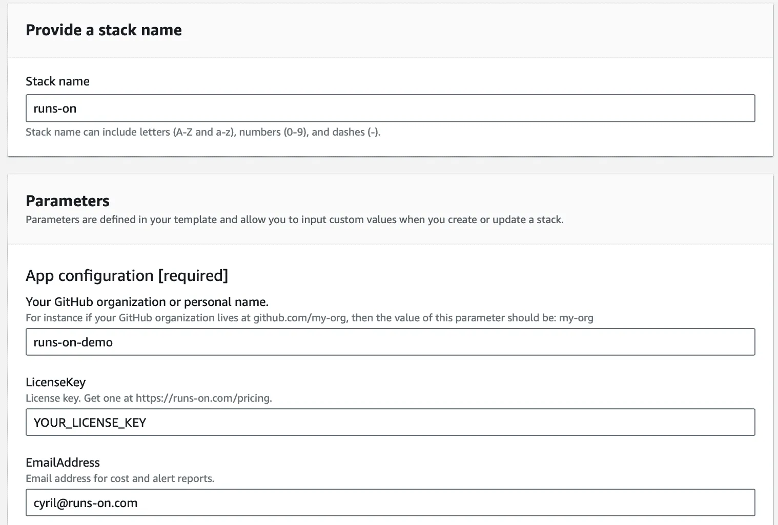 Inputs for RunsOn stack