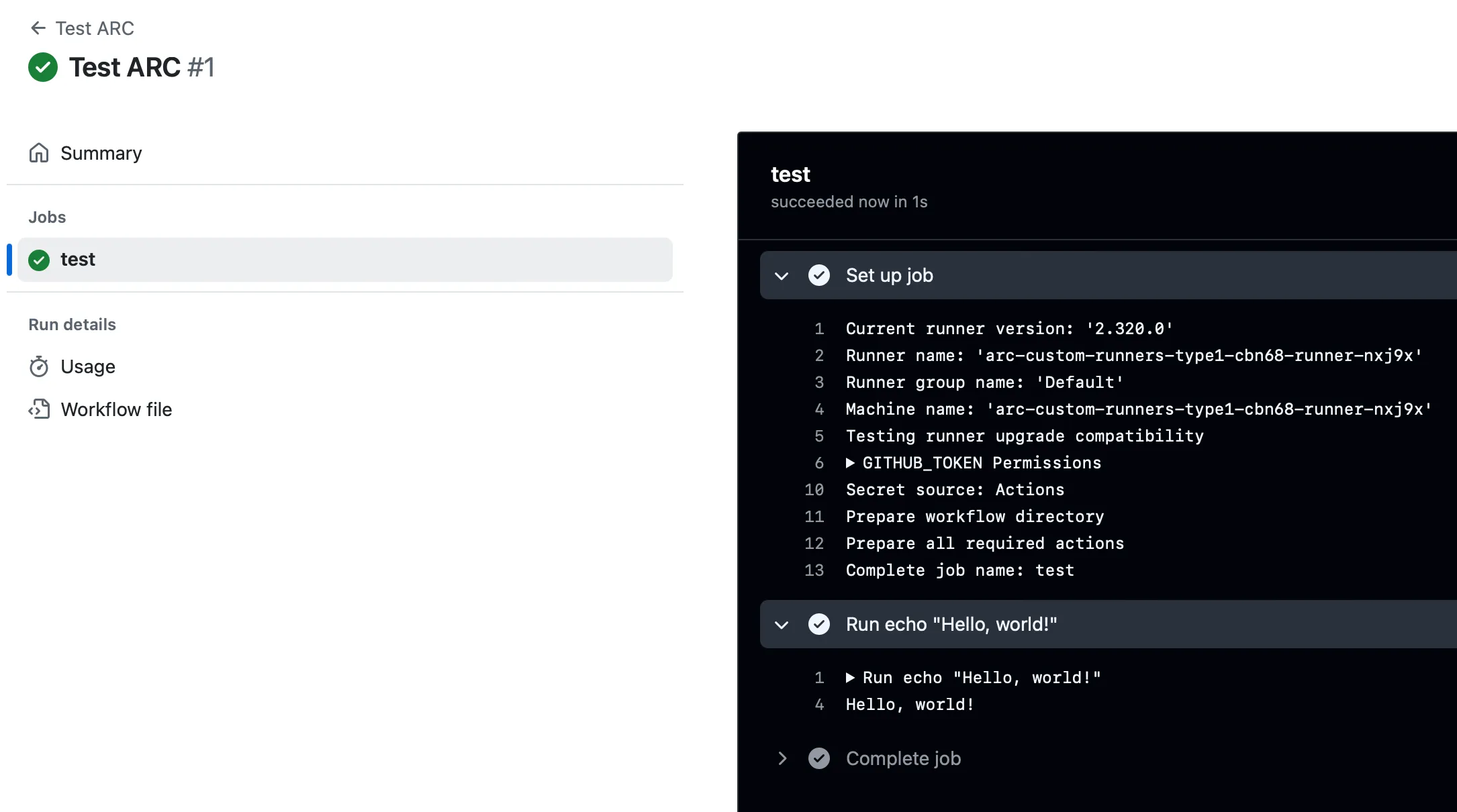 Job completed on custom self-hosted runner with ARC