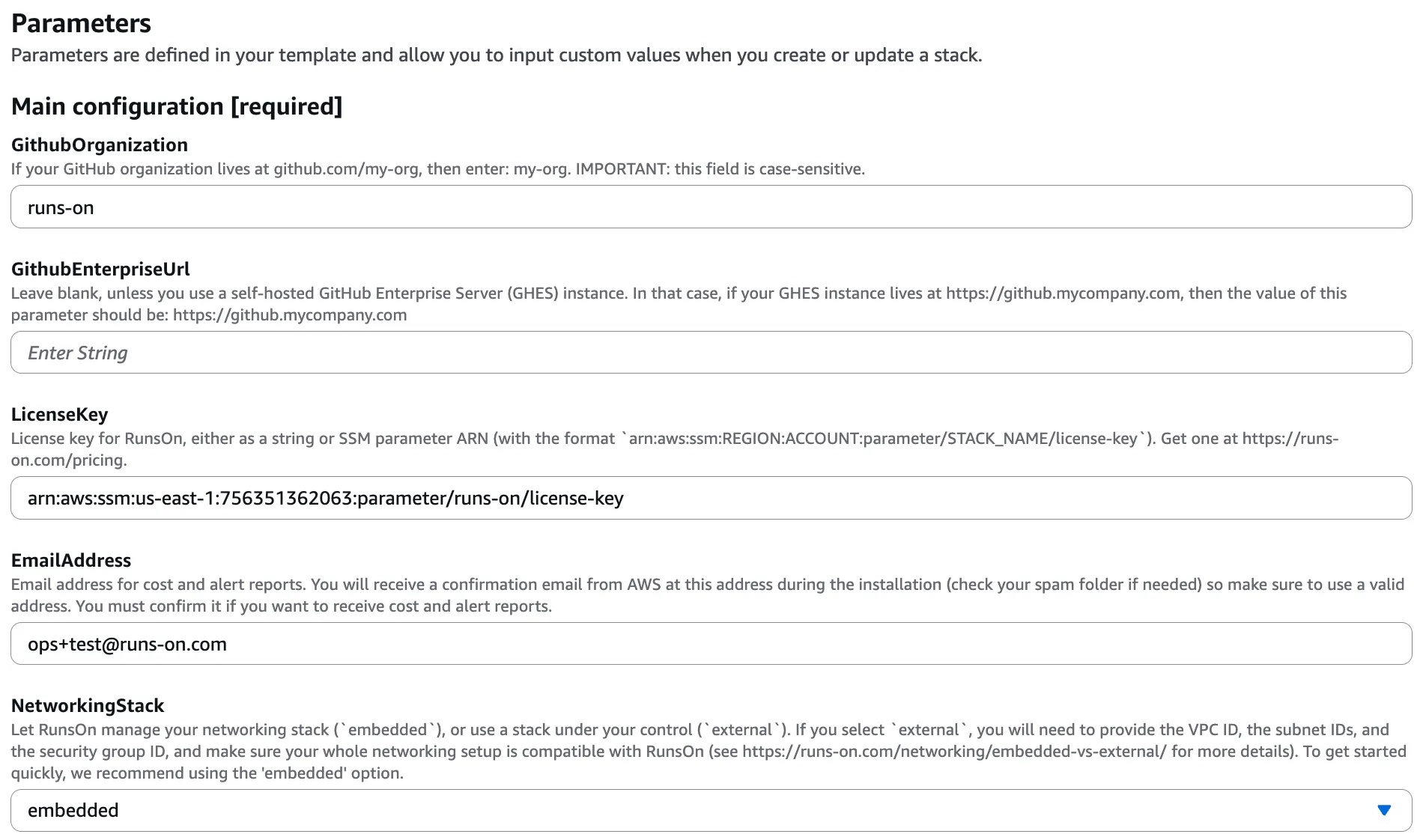 Inputs for RunsOn stack