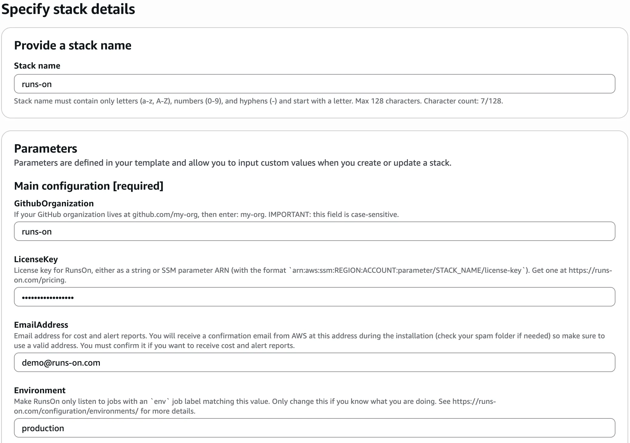 Inputs for RunsOn stack
