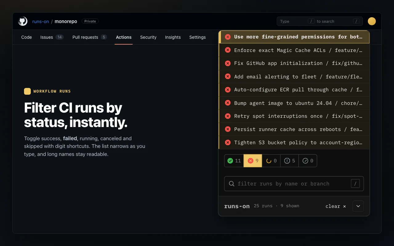 Actions Lens filtering failed workflow runs by status on a GitHub Actions page