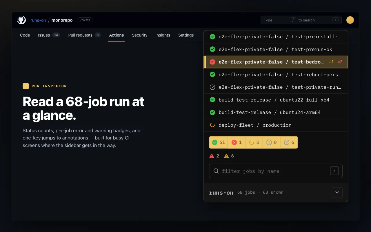 Actions Lens inspecting a 68-job run with status counts and annotation badges