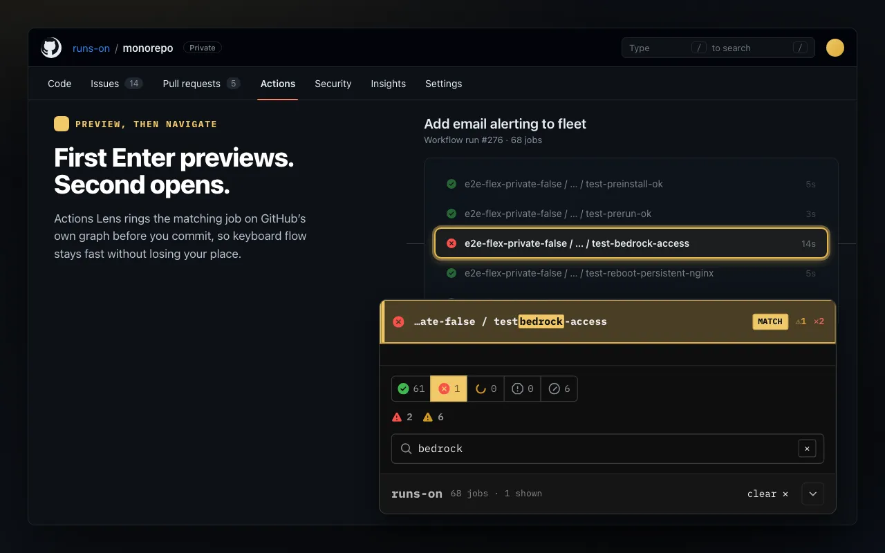 Actions Lens previewing a matched job in GitHub's run graph before navigating