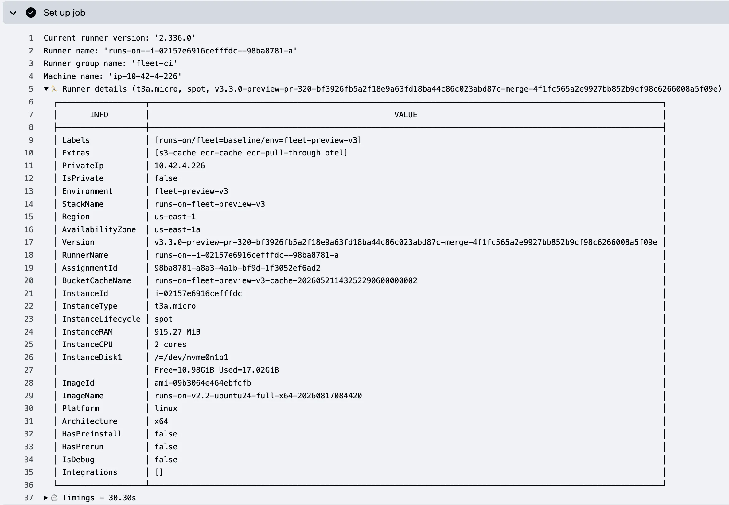 Runner details in the Set up job section of a GitHub Actions job log