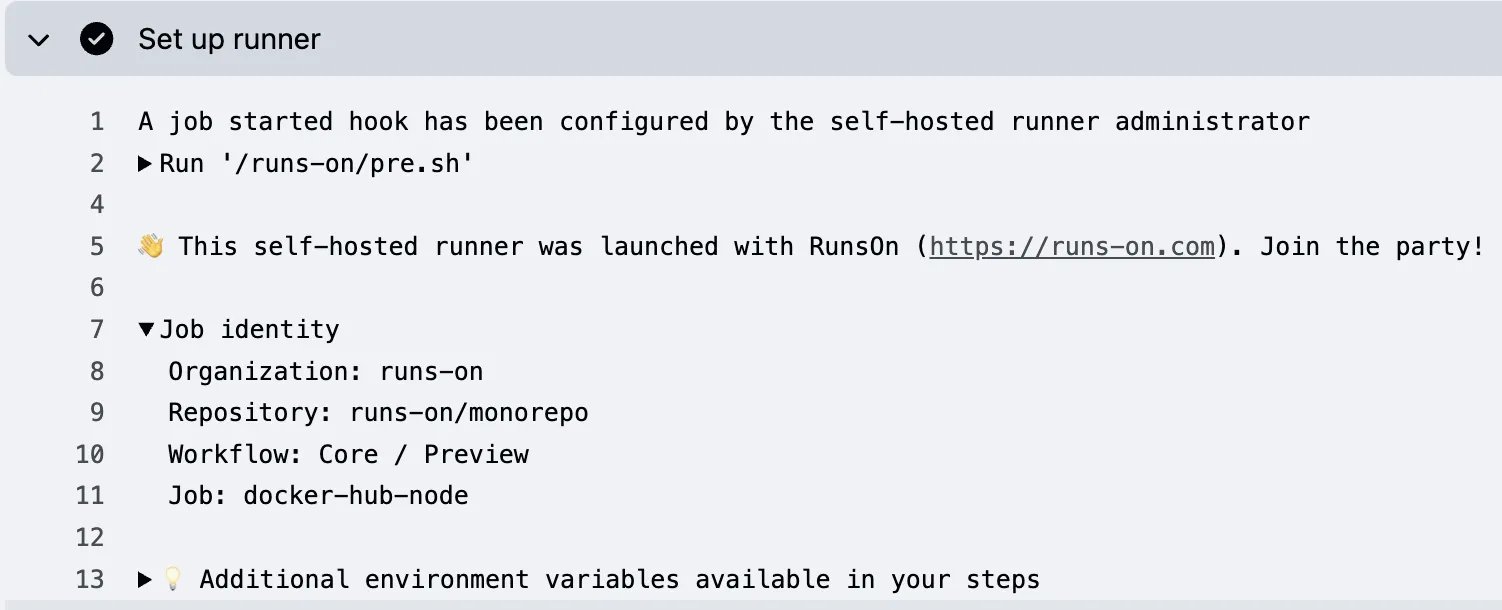 Job identity in the Set up runner section of a GitHub Actions job log