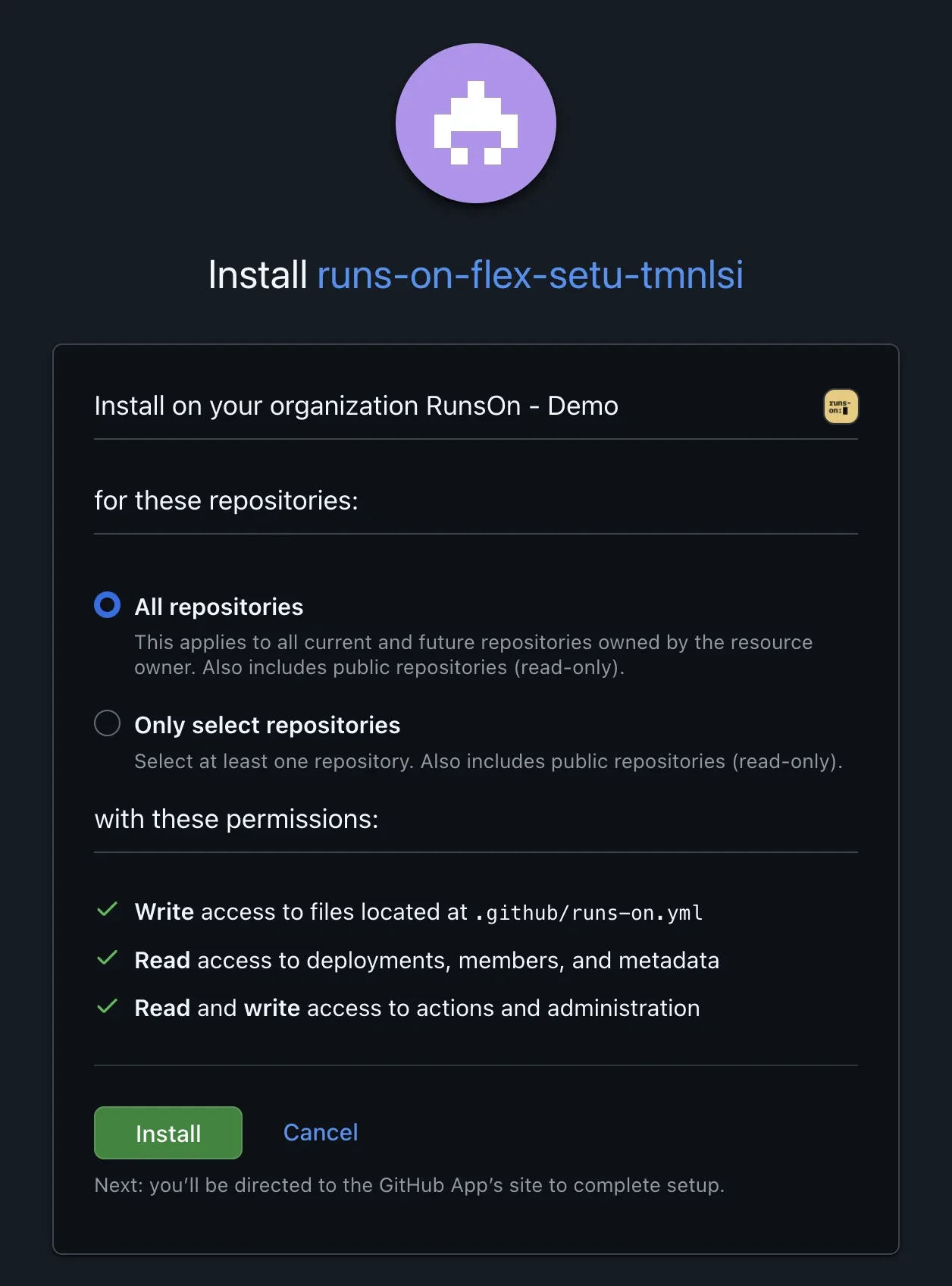 Installing the GitHub App on the organization's repositories