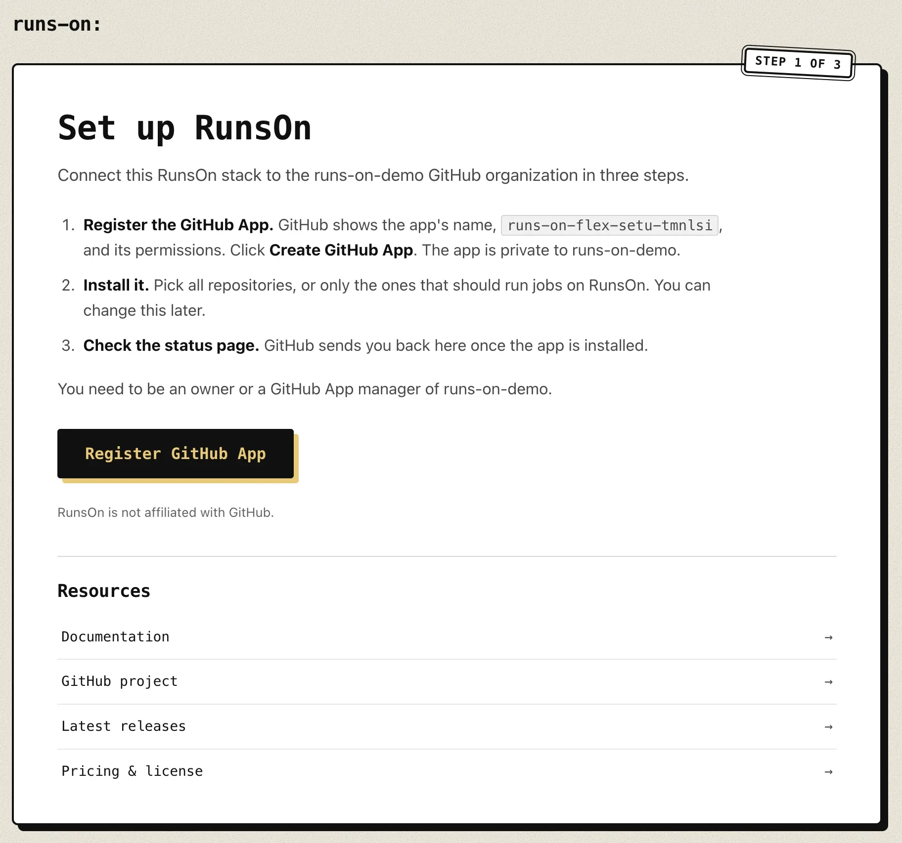 RunsOn setup page, step 1 of 3, with the Register GitHub App button