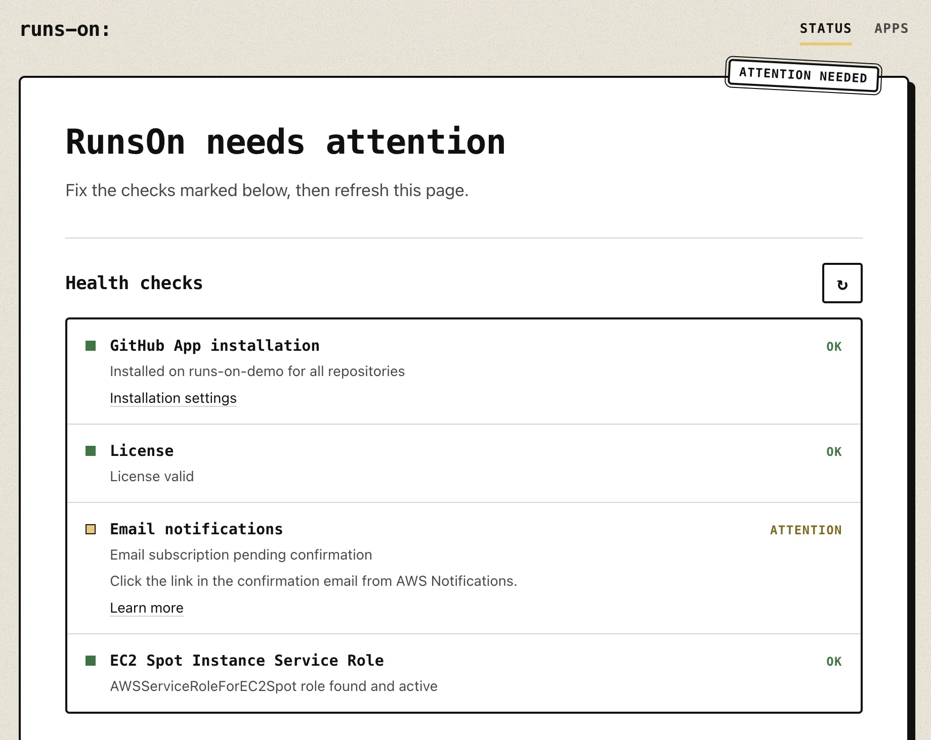 RunsOn status page with its health checks