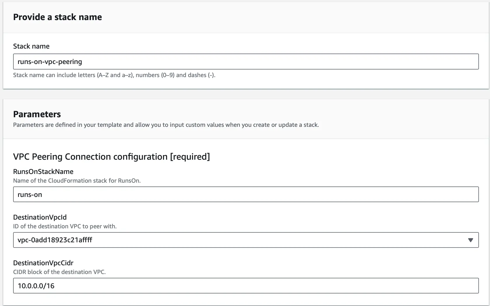 VPC peering parameters